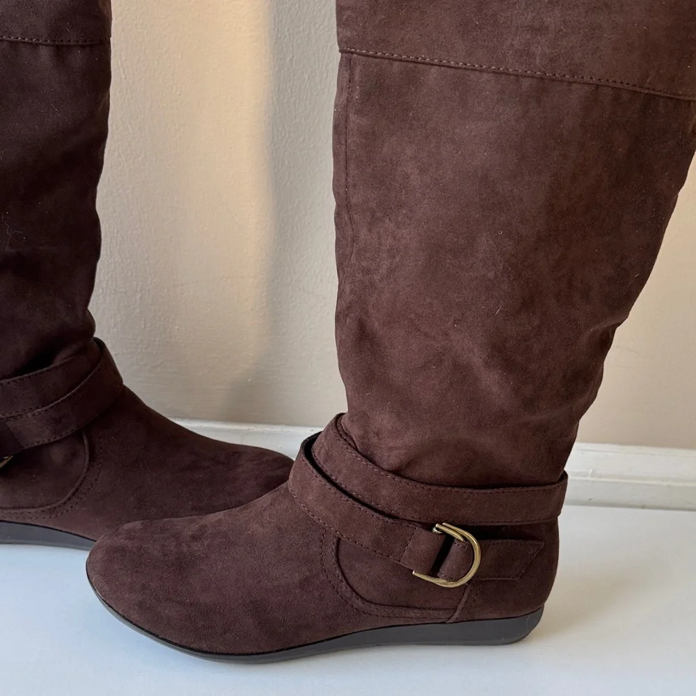 Elegant Brown Faux Suede Knee High Boots with Buckle Accent & faux fur inside. - Picture 2 of 13